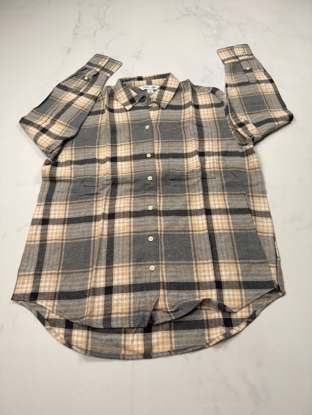 Old Navy Button-Up Shirt Gray Tan 2010s Classic Style - Womens M